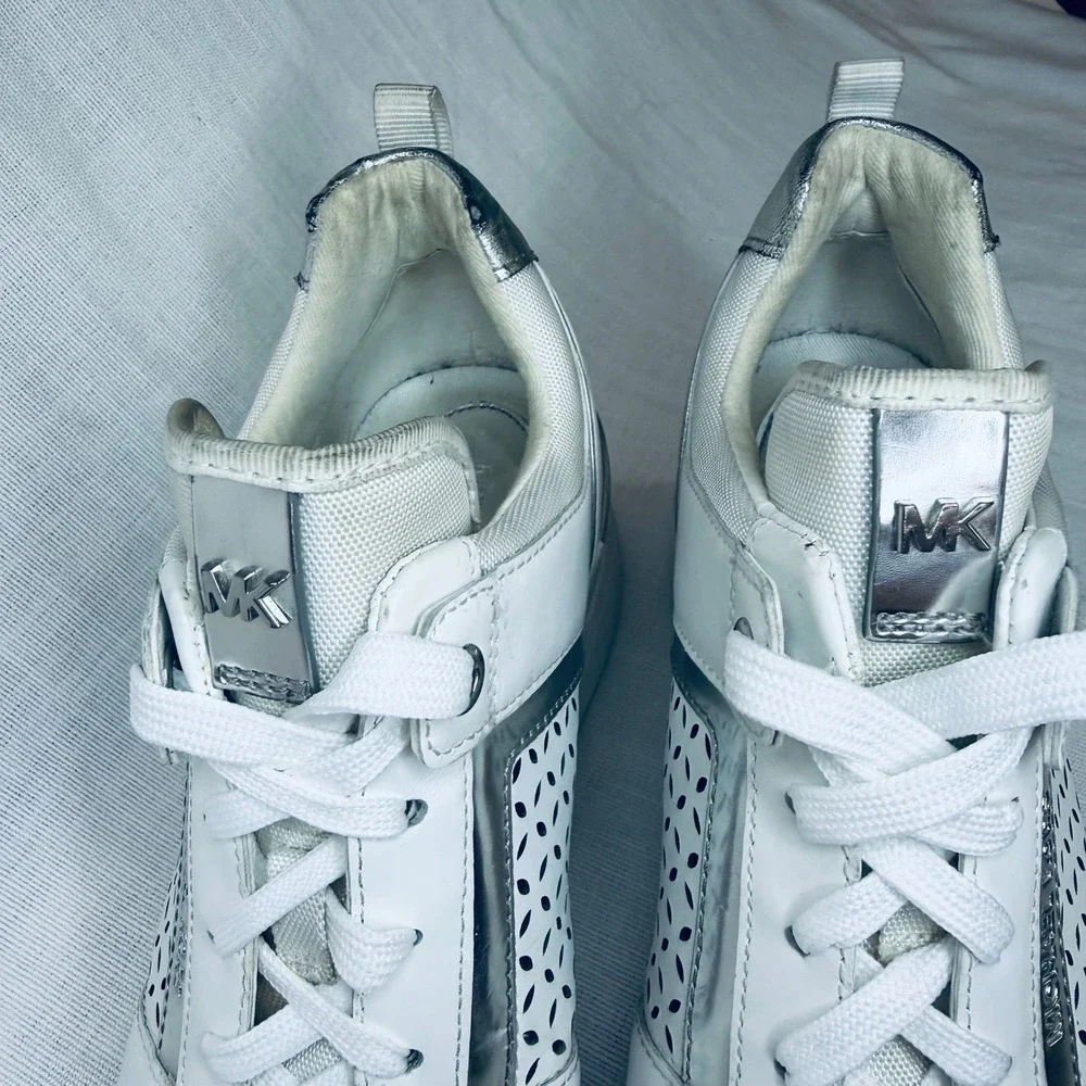 Michael Kors Georgie White Silver Laser Cut Wedge Sneakers Fashion Trainers